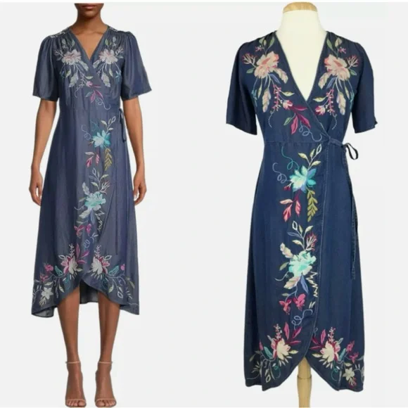 Johnny Was Nico chambray floral embroidery wrap dress